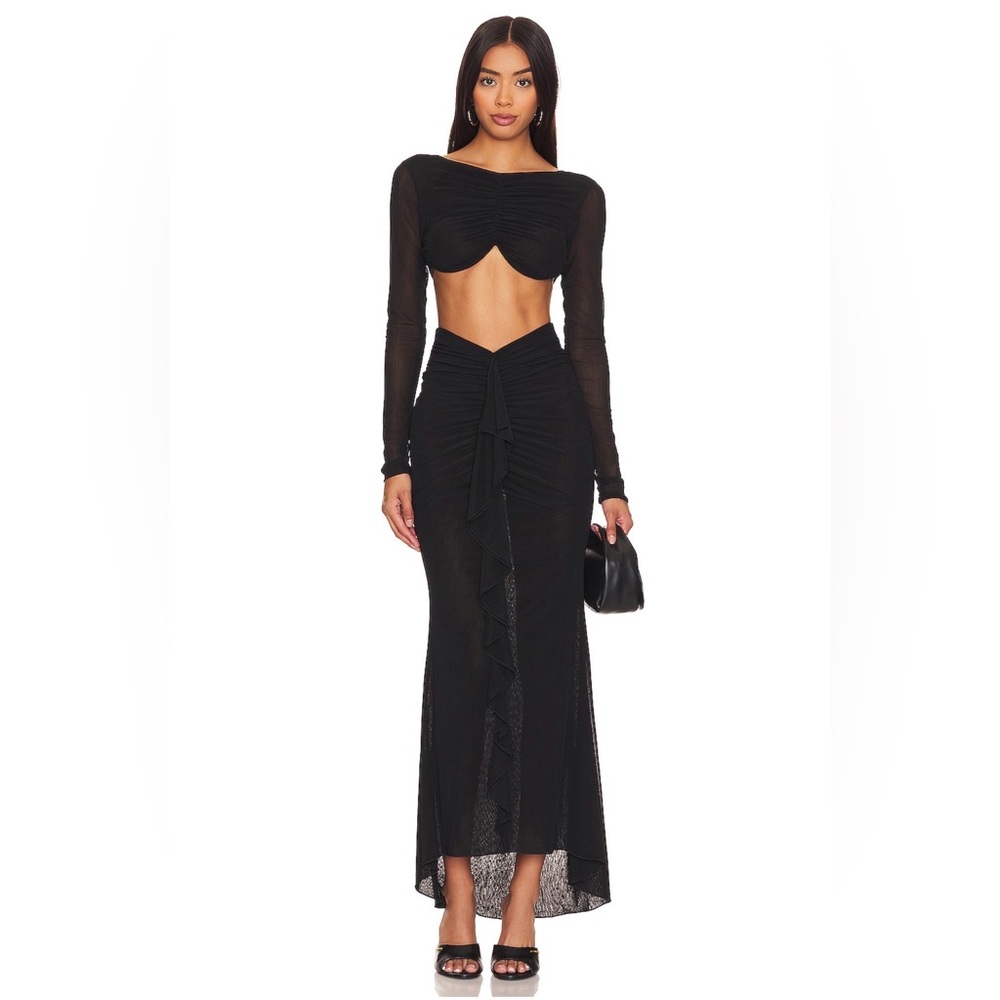 NBD Black Ruching & Center Ruffle Maxi Skirt